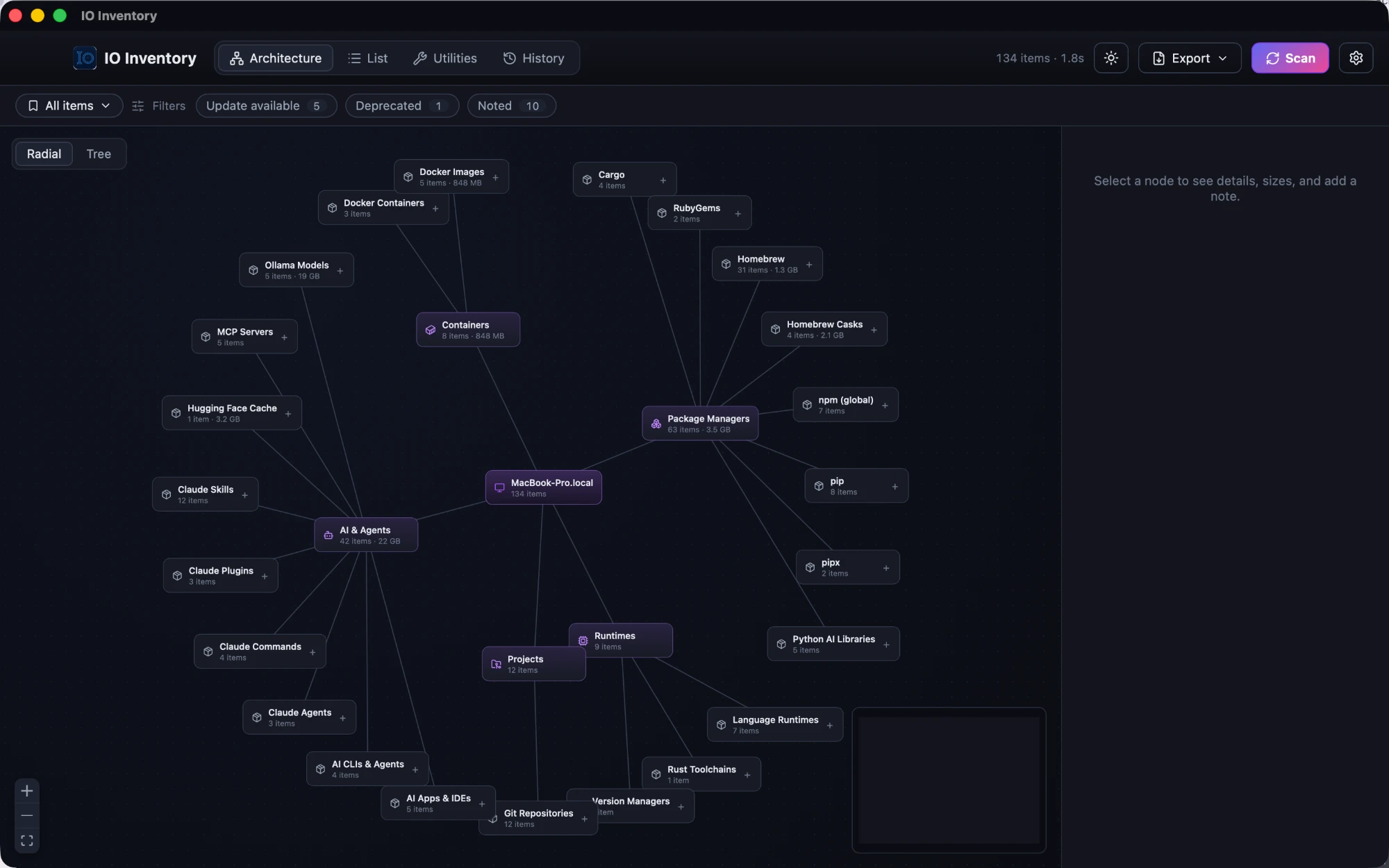 IO Inventory's radial architecture graph, showing MacBook-Pro.local at the center connected to Package Managers, Runtimes, Containers, Projects and AI & Agents, each expanding into individual tools like Homebrew, npm, Claude Skills and Ollama Models.