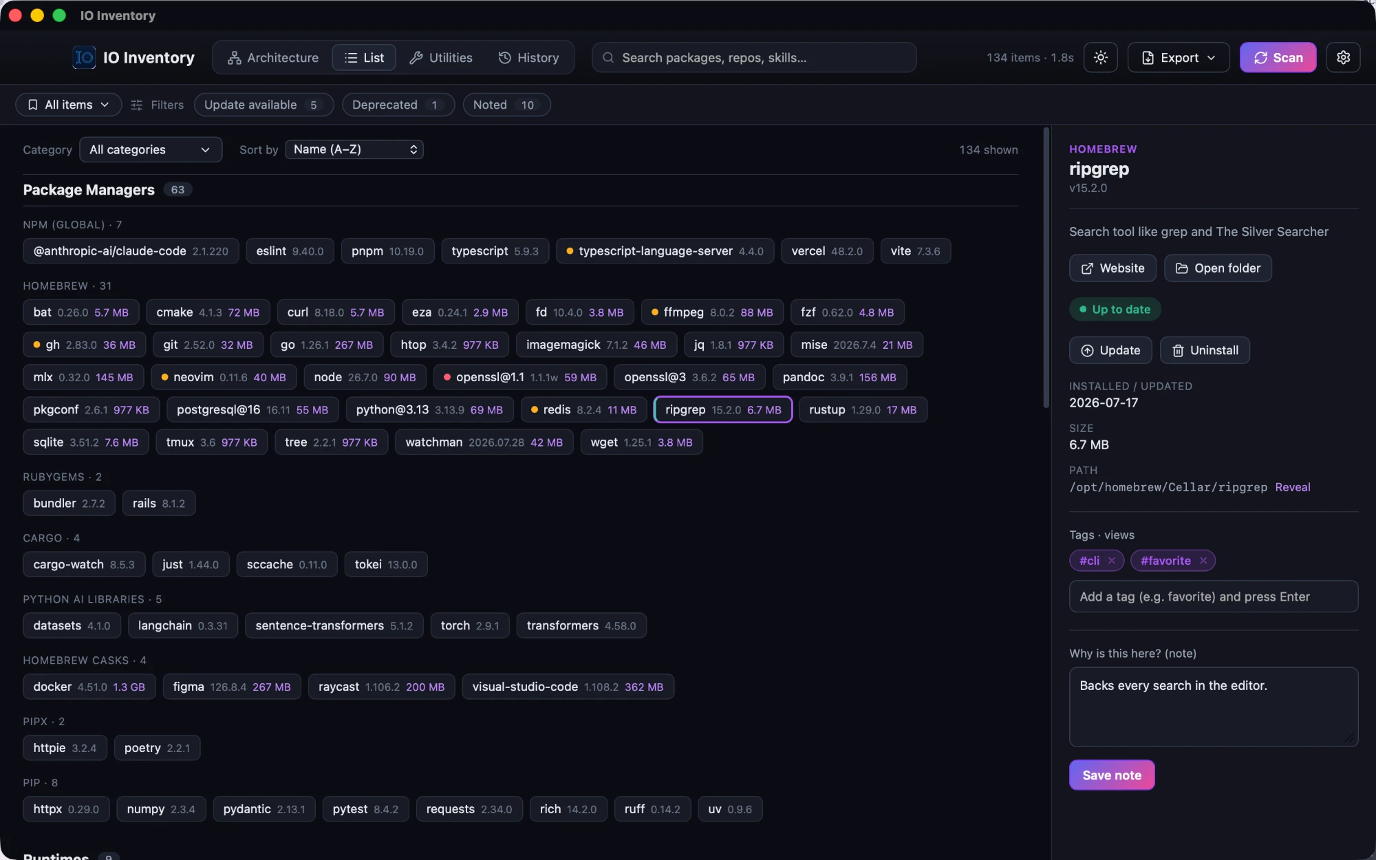 IO Inventory's list view showing installed items grouped by package manager, with ripgrep selected in the Homebrew group showing its version, description, up-to-date status, and Update, Uninstall, Website and Open folder actions alongside tags and notes.